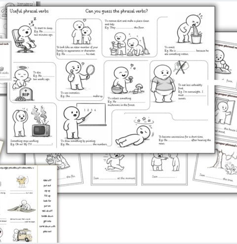 Phrasal verbs - czasowniki frazowe w obrazkach i ćwiczeniach. Karty pracy.