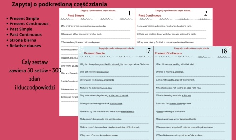 Zapytaj o podkreśloną część zdania - karty pracy
